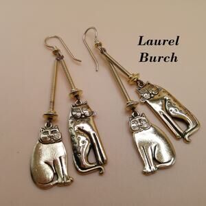 Laurel Burch Two Cats Dangle Earrings, Mystic Cat, Siamese Cat, 1980s Vintage